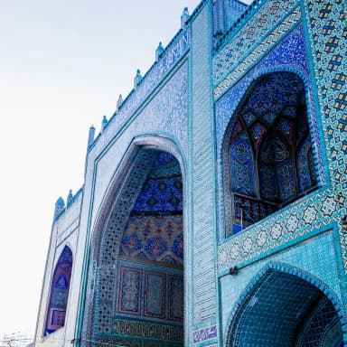 Intricate blue geometric tilework on an Afghan mosque