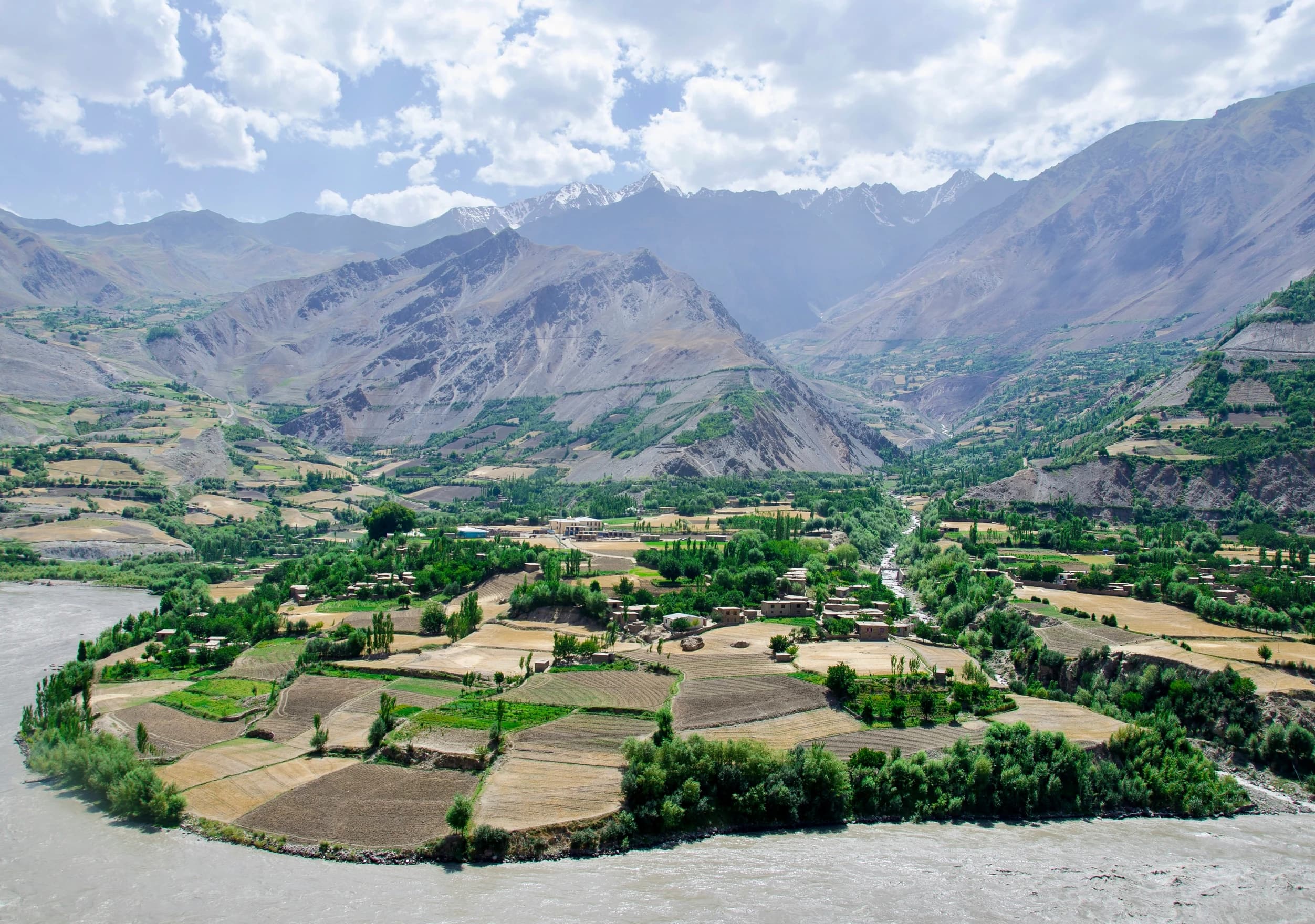 Fields and mountain villages seen from the Pamir Highway